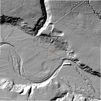 Shaded relief map of the ground around NE177TT, computed from Environment Agency LiDAR. The ground here sits at about 51 m above sea level and falls 40 m across the surrounding 800 m. Surface water reaching this point runs off ground lying to the north, 22.5 m higher.