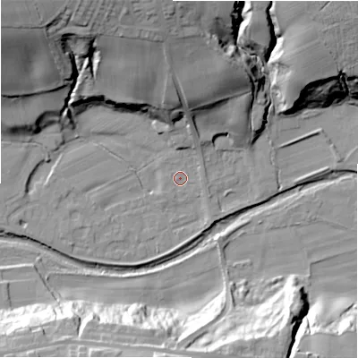 Shaded relief map of the ground around NE177TW, computed from Environment Agency LiDAR. The ground here sits at about 55 m above sea level and falls 40 m across the surrounding 800 m. Surface water reaching this point runs off ground lying to the north-west, 37.5 m higher.
