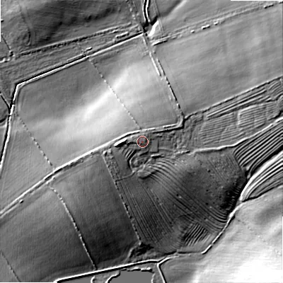 Shaded relief map of the ground around NE180LQ, computed from Environment Agency LiDAR. The ground here sits at about 132 m above sea level and falls 19 m across the surrounding 800 m. The ground contributing surface water to this point lies to the west.