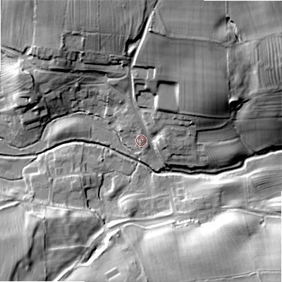 Shaded relief map of the ground around NE180PF, computed from Environment Agency LiDAR. The ground here sits at about 122 m above sea level and falls 30 m across the surrounding 800 m. Surface water reaching this point runs off ground lying to the north, 23.7 m higher.