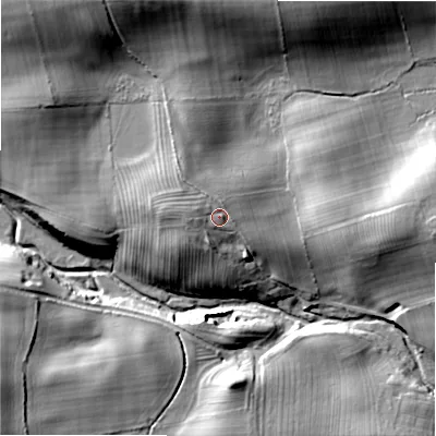 Shaded relief map of the ground around NE180PS, computed from Environment Agency LiDAR. The ground here sits at about 129 m above sea level and falls 30 m across the surrounding 800 m. Surface water reaching this point runs off ground lying to the west, 3.3 m higher.