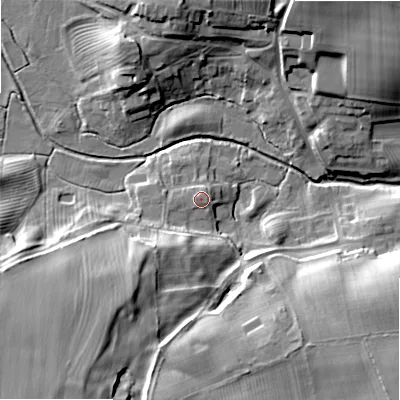 Shaded relief map of the ground around NE180QT, computed from Environment Agency LiDAR. The ground here sits at about 123 m above sea level and falls 24 m across the surrounding 800 m. Surface water reaching this point runs off ground lying to the north-north-west, 0.8 m higher.