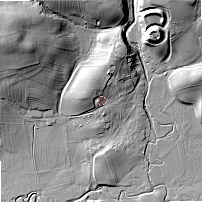 Shaded relief map of the ground around NE191AA, computed from Environment Agency LiDAR. The ground here sits at about 171 m above sea level and falls 36 m across the surrounding 800 m. Surface water reaching this point runs off ground lying to the north-north-west, 8.1 m higher.