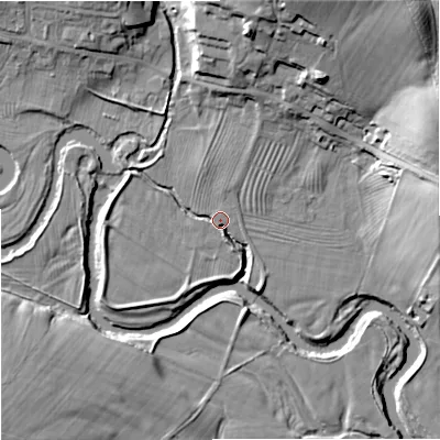 Shaded relief map of the ground around NE191JT, computed from Environment Agency LiDAR. The ground here sits at about 147 m above sea level and falls 33 m across the surrounding 800 m. Surface water reaching this point runs off ground lying to the north, 2.7 m higher.