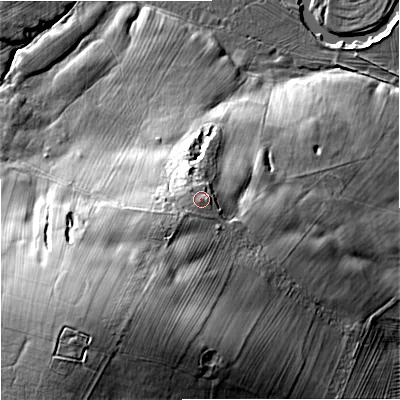 Shaded relief map of the ground around NE191JX, computed from Environment Agency LiDAR. The ground here sits at about 172 m above sea level and falls 50 m across the surrounding 800 m. Surface water reaching this point runs off ground lying to the south-west, 22.5 m higher.