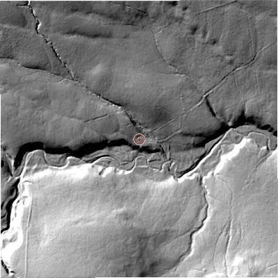 Shaded relief map of the ground around NE191LE, computed from Environment Agency LiDAR. The ground here sits at about 213 m above sea level and falls 52 m across the surrounding 800 m. Surface water reaching this point runs off ground lying to the north-north-west, 5.5 m higher.
