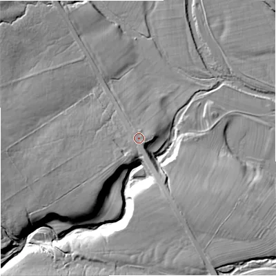 Shaded relief map of the ground around NE191LF, computed from Environment Agency LiDAR. The ground here sits at about 161 m above sea level and falls 30 m across the surrounding 800 m. Surface water reaching this point runs off ground lying to the west, 25.4 m higher.