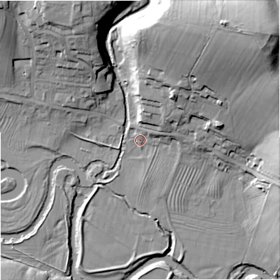 Shaded relief map of the ground around NE191NP, computed from Environment Agency LiDAR. The ground here sits at about 148 m above sea level and falls 42 m across the surrounding 800 m. Surface water reaching this point runs off ground lying to the east-north-east, 3.6 m higher.