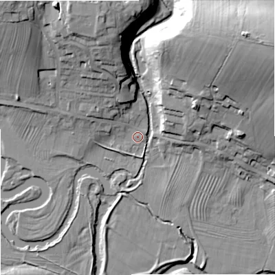 Shaded relief map of the ground around NE191NR, computed from Environment Agency LiDAR. The ground here sits at about 148 m above sea level and falls 40 m across the surrounding 800 m. Surface water reaching this point runs off ground lying to the west-north-west, 4.6 m higher.
