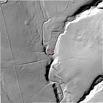 Shaded relief map of the ground around NE191RF, computed from Environment Agency LiDAR. The ground here sits at about 220 m above sea level and falls 57 m across the surrounding 800 m. Surface water reaching this point runs off ground lying to the east-north-east, 46.3 m higher.