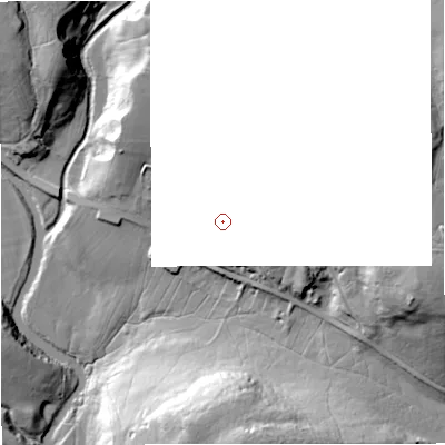 Shaded relief map of the ground around NE191RH, computed from Environment Agency LiDAR. and falls 57 m across the surrounding 800 m.
