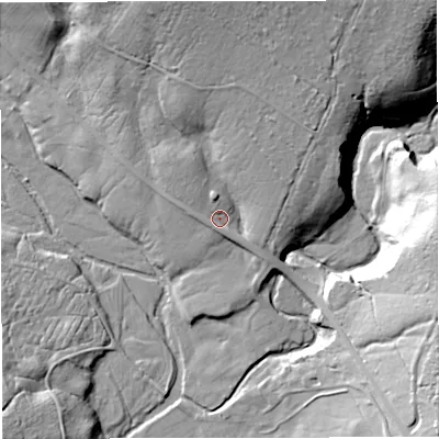 Shaded relief map of the ground around NE191TF, computed from Environment Agency LiDAR. The ground here sits at about 213 m above sea level and falls 46 m across the surrounding 800 m. Surface water reaching this point runs off ground lying to the north-north-west, 7.0 m higher.