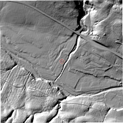 Shaded relief map of the ground around NE191TQ, computed from Environment Agency LiDAR. The ground here sits at about 215 m above sea level and falls 67 m across the surrounding 800 m. Surface water reaching this point runs off ground lying to the north-east, 5.2 m higher.