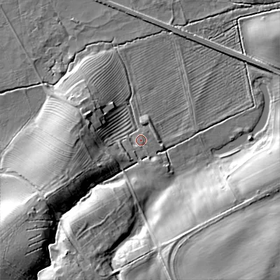 Shaded relief map of the ground around NE192PE, computed from Environment Agency LiDAR. The ground here sits at about 158 m above sea level and falls 28 m across the surrounding 800 m. Surface water reaching this point runs off ground lying to the south-west, 22.7 m higher.