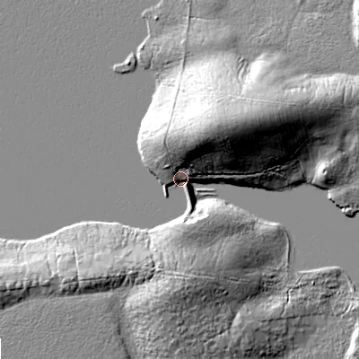 Shaded relief map of the ground around NE192PN, computed from Environment Agency LiDAR. The ground here sits at about 241 m above sea level and falls 23 m across the surrounding 800 m. Surface water reaching this point runs off ground lying to the north-north-east, 19.5 m higher.