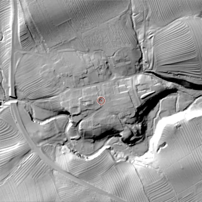 Shaded relief map of the ground around NE192RT, computed from Environment Agency LiDAR. The ground here sits at about 176 m above sea level and falls 45 m across the surrounding 800 m. Surface water reaching this point runs off ground lying to the west-south-west, 2.7 m higher.