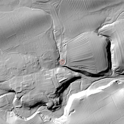 Shaded relief map of the ground around NE192SA, computed from Environment Agency LiDAR. The ground here sits at about 166 m above sea level and falls 47 m across the surrounding 800 m. Surface water reaching this point runs off ground lying to the north-north-west, 30.1 m higher.