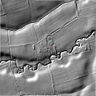 Shaded relief map of the ground around NE200AE, computed from Environment Agency LiDAR. The ground here sits at about 58 m above sea level and falls 14 m across the surrounding 800 m. Surface water reaching this point runs off ground lying to the west, 1.8 m higher.