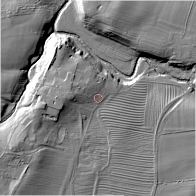 Shaded relief map of the ground around NE200AH, computed from Environment Agency LiDAR. The ground here sits at about 62 m above sea level and falls 24 m across the surrounding 800 m. Surface water reaching this point runs off ground lying to the west, 7.6 m higher.