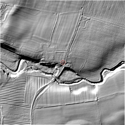 Shaded relief map of the ground around NE200AJ, computed from Environment Agency LiDAR. The ground here sits at about 59 m above sea level and falls 20 m across the surrounding 800 m. Surface water reaching this point runs off ground lying to the north-west, 4.0 m higher.