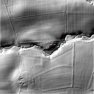 Shaded relief map of the ground around NE200AS, computed from Environment Agency LiDAR. The ground here sits at about 70 m above sea level and falls 22 m across the surrounding 800 m. Surface water reaching this point runs off ground lying to the north-north-west, 3.3 m higher.