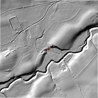 Shaded relief map of the ground around NE200BQ, computed from Environment Agency LiDAR. The ground here sits at about 49 m above sea level and falls 16 m across the surrounding 800 m. Surface water reaching this point runs off ground lying to the south-west, 6.5 m higher.