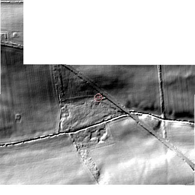 Shaded relief map of the ground around NE200DP, computed from Environment Agency LiDAR. The ground here sits at about 96 m above sea level and falls 16 m across the surrounding 800 m. Surface water reaching this point runs off ground lying to the west-north-west, 15.0 m higher.
