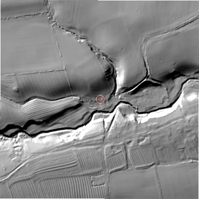 Shaded relief map of the ground around NE200EA, computed from Environment Agency LiDAR. The ground here sits at about 94 m above sea level and falls 28 m across the surrounding 800 m. Surface water reaching this point runs off ground lying to the north-west, 13.6 m higher.