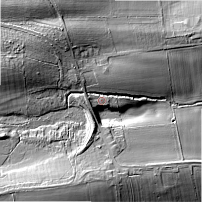 Shaded relief map of the ground around NE200ET, computed from Environment Agency LiDAR. The ground here sits at about 112 m above sea level and falls 20 m across the surrounding 800 m. Surface water reaching this point runs off ground lying to the north-west, 13.2 m higher.
