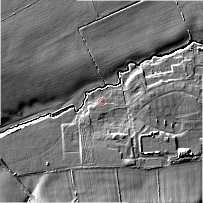 Shaded relief map of the ground around NE200FE, computed from Environment Agency LiDAR. The ground here sits at about 60 m above sea level and falls 14 m across the surrounding 800 m. Surface water reaching this point runs off ground lying to the south-south-west, 2.0 m higher.