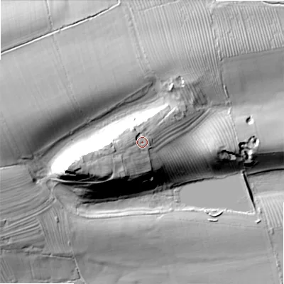 Shaded relief map of the ground around NE200HF, computed from Environment Agency LiDAR. The ground here sits at about 141 m above sea level and falls 42 m across the surrounding 800 m. Surface water reaching this point runs off ground lying to the west-south-west, 14.1 m higher.