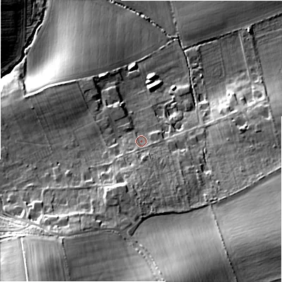Shaded relief map of the ground around NE200JD, computed from Environment Agency LiDAR. The ground here sits at about 96 m above sea level and falls 26 m across the surrounding 800 m. Surface water reaching this point runs off ground lying to the south, 7.4 m higher.