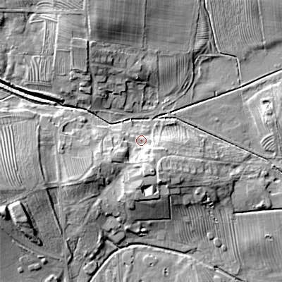 Shaded relief map of the ground around NE200TF, computed from Environment Agency LiDAR. The ground here sits at about 140 m above sea level and falls 17 m across the surrounding 800 m. Surface water reaching this point runs off ground lying to the south-south-east, 6.0 m higher.
