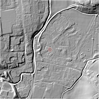 Shaded relief map of the ground around NE209AY, computed from Environment Agency LiDAR. The ground here sits at about 56 m above sea level and falls 11 m across the surrounding 800 m. Surface water reaching this point runs off ground lying to the west-south-west, 2.2 m higher.