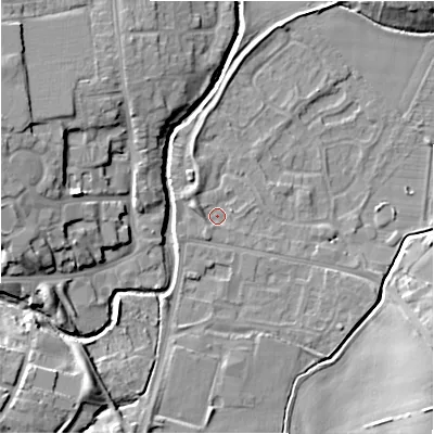 Shaded relief map of the ground around NE209BA, computed from Environment Agency LiDAR. The ground here sits at about 56 m above sea level and falls 12 m across the surrounding 800 m. Surface water reaching this point runs off ground lying to the west-north-west, 2.1 m higher.