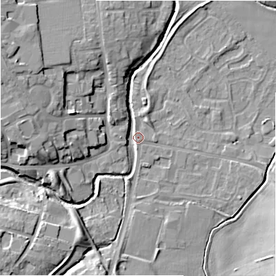 Shaded relief map of the ground around NE209BB, computed from Environment Agency LiDAR. The ground here sits at about 57 m above sea level and falls 13 m across the surrounding 800 m. Surface water reaching this point runs off ground lying to the west-north-west, 11.3 m higher.