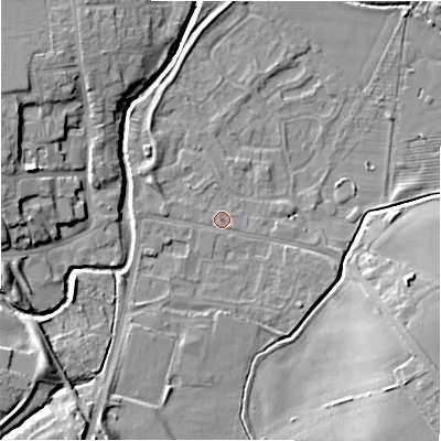 Shaded relief map of the ground around NE209BD, computed from Environment Agency LiDAR. The ground here sits at about 57 m above sea level and falls 12 m across the surrounding 800 m. Surface water reaching this point runs off ground lying to the west, 0.8 m higher.