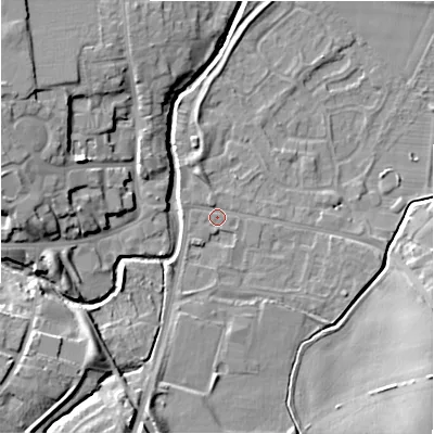 Shaded relief map of the ground around NE209BE, computed from Environment Agency LiDAR. The ground here sits at about 57 m above sea level and falls 12 m across the surrounding 800 m. Surface water reaching this point runs off ground lying to the south-south-west, 1.2 m higher.