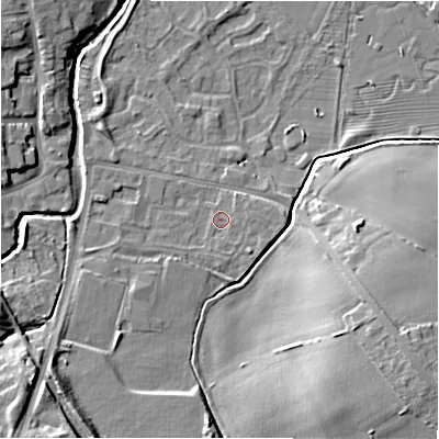 Shaded relief map of the ground around NE209ED, computed from Environment Agency LiDAR. The ground here sits at about 57 m above sea level and falls 12 m across the surrounding 800 m. Surface water reaching this point runs off ground lying to the south-west, 1.6 m higher.