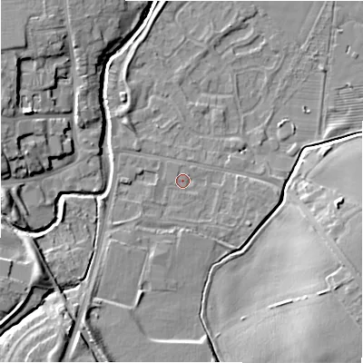 Shaded relief map of the ground around NE209EE, computed from Environment Agency LiDAR. The ground here sits at about 56 m above sea level and falls 12 m across the surrounding 800 m. Surface water reaching this point runs off ground lying to the south-south-west, 1.6 m higher.