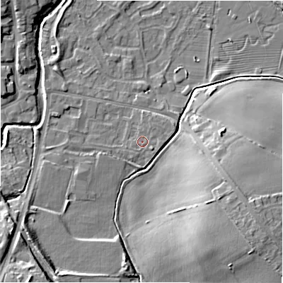 Shaded relief map of the ground around NE209EF, computed from Environment Agency LiDAR. The ground here sits at about 57 m above sea level and falls 13 m across the surrounding 800 m. Surface water reaching this point runs off ground lying to the east-north-east, 1.0 m higher.