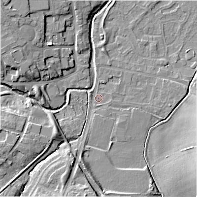 Shaded relief map of the ground around NE209EG, computed from Environment Agency LiDAR. The ground here sits at about 57 m above sea level and falls 13 m across the surrounding 800 m. Surface water reaching this point runs off ground lying to the south-south-west, 2.6 m higher.