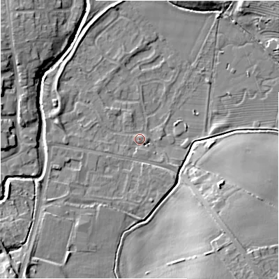 Shaded relief map of the ground around NE209EQ, computed from Environment Agency LiDAR. The ground here sits at about 57 m above sea level and falls 12 m across the surrounding 800 m. Surface water reaching this point runs off ground lying to the south-south-east, 1.6 m higher.
