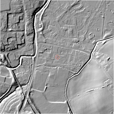 Shaded relief map of the ground around NE209EZ, computed from Environment Agency LiDAR. The ground here sits at about 57 m above sea level and falls 12 m across the surrounding 800 m. Surface water reaching this point runs off ground lying to the south-south-west, 1.6 m higher.
