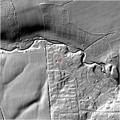 Shaded relief map of the ground around NE209HU, computed from Environment Agency LiDAR. The ground here sits at about 73 m above sea level and falls 18 m across the surrounding 800 m. Surface water reaching this point runs off ground lying to the south-south-west, 5.1 m higher.
