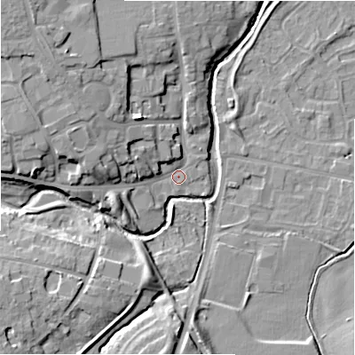Shaded relief map of the ground around NE209NH, computed from Environment Agency LiDAR. The ground here sits at about 57 m above sea level and falls 14 m across the surrounding 800 m. Surface water reaching this point runs off ground lying to the north-west, 9.8 m higher.