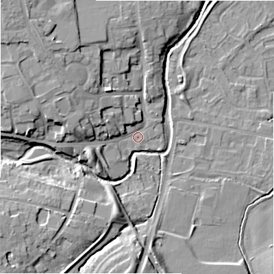 Shaded relief map of the ground around NE209NL, computed from Environment Agency LiDAR. The ground here sits at about 57 m above sea level and falls 14 m across the surrounding 800 m. Surface water reaching this point runs off ground lying to the west-north-west, 7.4 m higher.