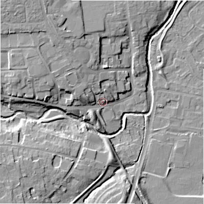 Shaded relief map of the ground around NE209NR, computed from Environment Agency LiDAR. The ground here sits at about 60 m above sea level and falls 15 m across the surrounding 800 m. Surface water reaching this point runs off ground lying to the west-north-west, 5.8 m higher.