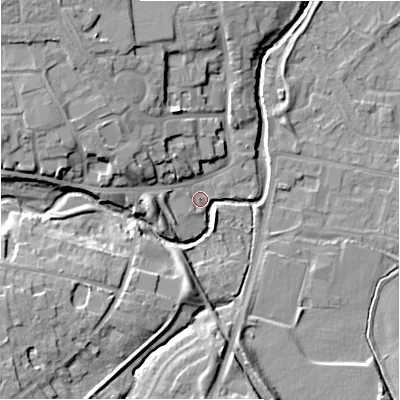 Shaded relief map of the ground around NE209NZ, computed from Environment Agency LiDAR. The ground here sits at about 57 m above sea level and falls 15 m across the surrounding 800 m. Surface water reaching this point runs off ground lying to the south-west, 12.2 m higher.