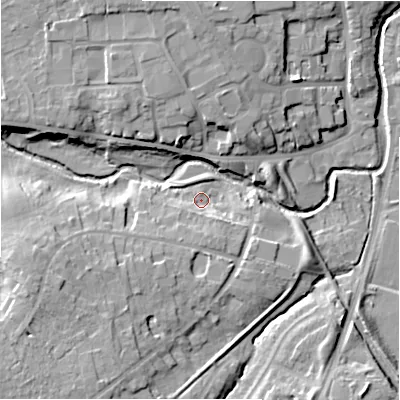 Shaded relief map of the ground around NE209PU, computed from Environment Agency LiDAR. The ground here sits at about 58 m above sea level and falls 16 m across the surrounding 800 m. Surface water reaching this point runs off ground lying to the south-south-east, 5.7 m higher.